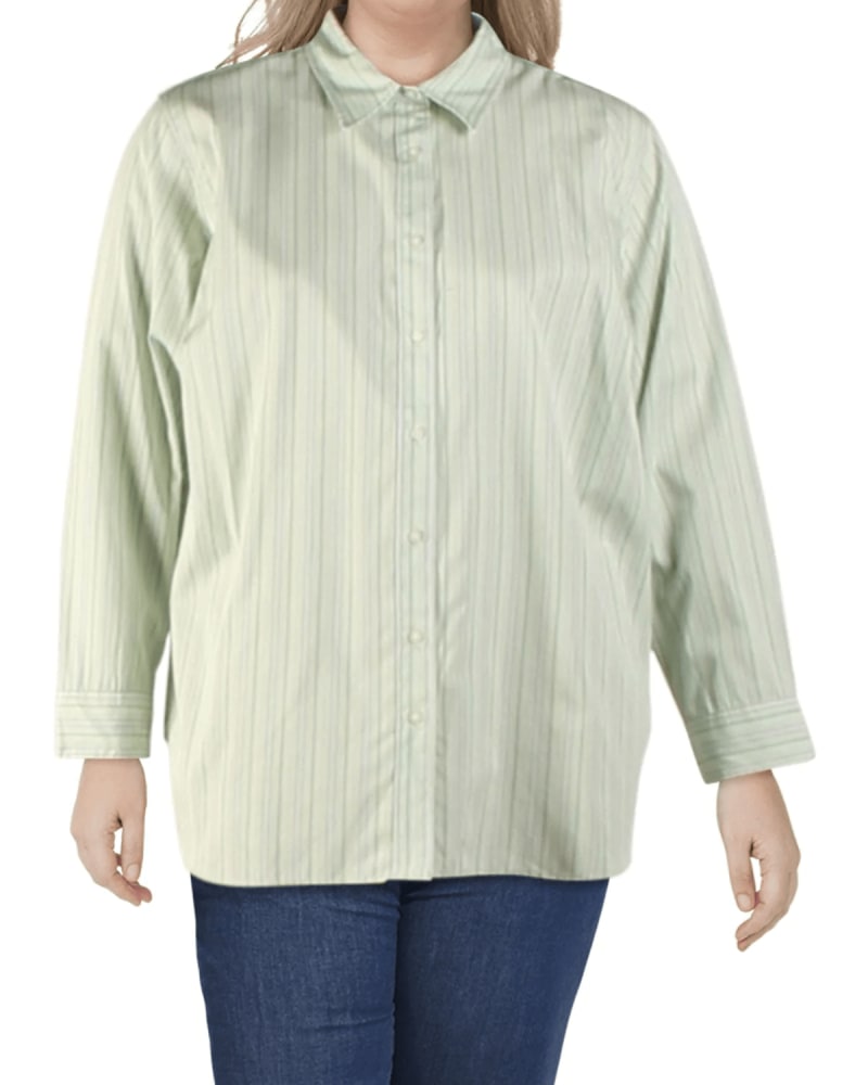 Front of a model wearing a size 3X Ralph Lauren Women's Plus Striped Button Up Blouse Green Size 3X in Green by Ralph Lauren. | dia_product_style_image_id:311553